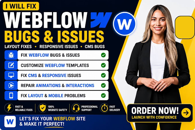 fix webflow bugs, layout issues, cms issues and responsive problems