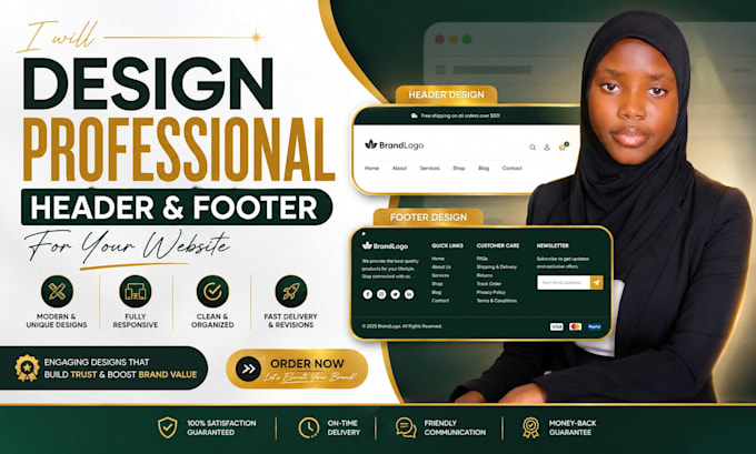 design a professional responsive website header and footer