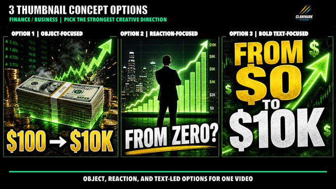design finance trading youtube thumbnails 3 concepts 24hr high CTR