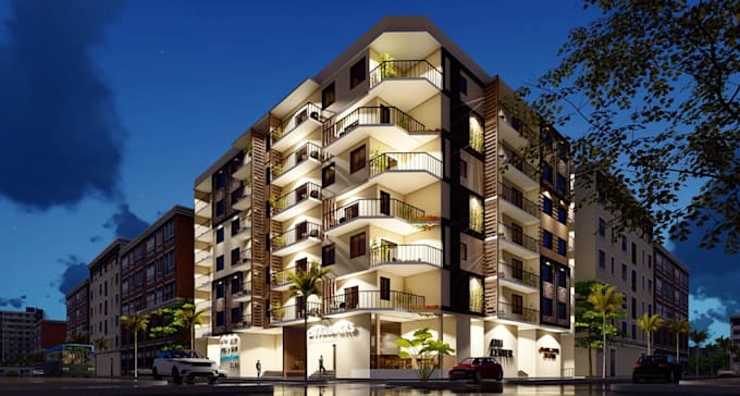 visualize mixed use building, real estate development, urban masterplan render