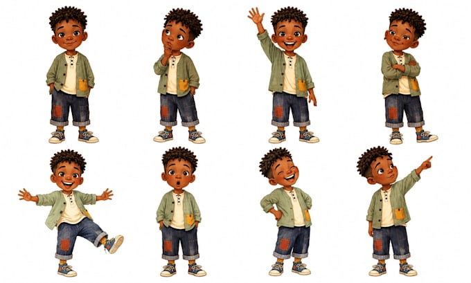 do character turnaround sheet, pose sheet and expression sheet