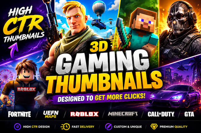 create high CTR 3d fortnite thumbnails for youtube uefn maps roblox cod and gta