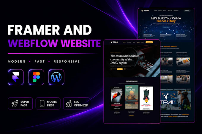 design develop modern responsive framer webflow website landing page, animations