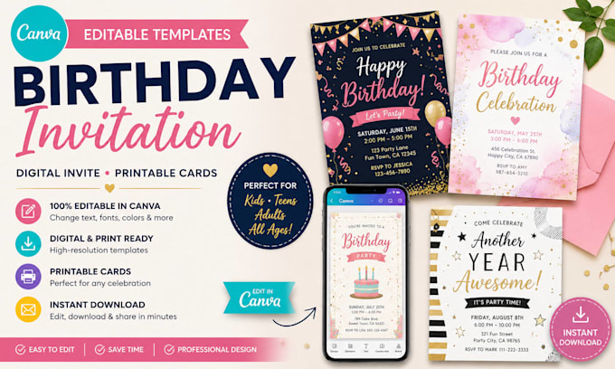 do canva birthday invitation, editable template, digital invite, printable cards