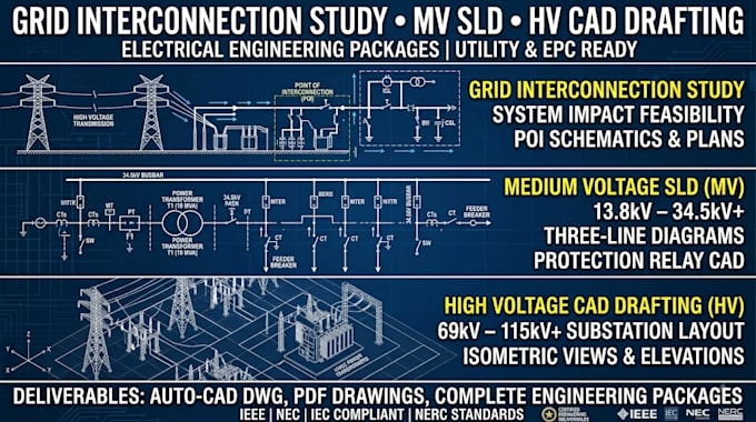 provide grid interconnection study medium voltage sld, high voltage cad drafting