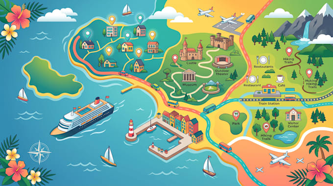 design custom cruise destination map, sighseeing map, airbnb map, resource map