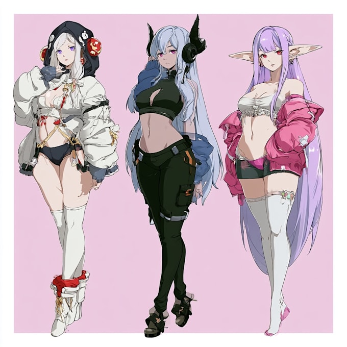 design an anime character reference sheet with multiple