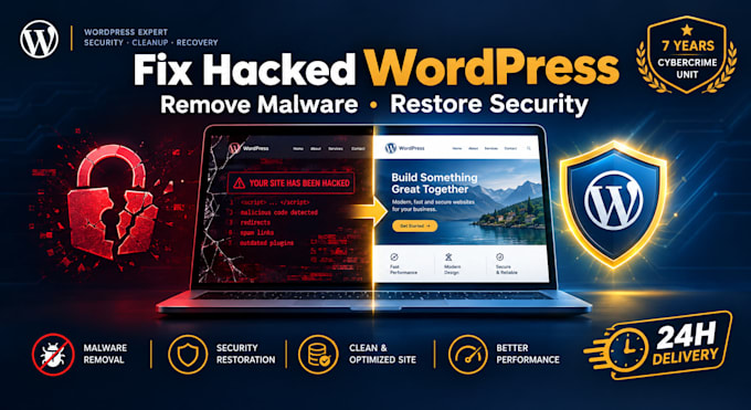 fix hacked wordpress site, remove malware and secure in 24h