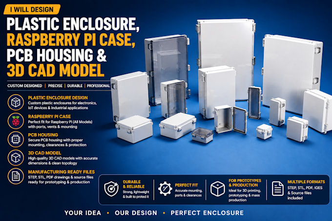 design plastic enclosure, raspberry pi case, pcb housing and 3d cad modelling