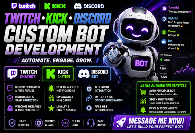 do twitch or kick chatbot livestreaming bot discord bot, auto purchase bot