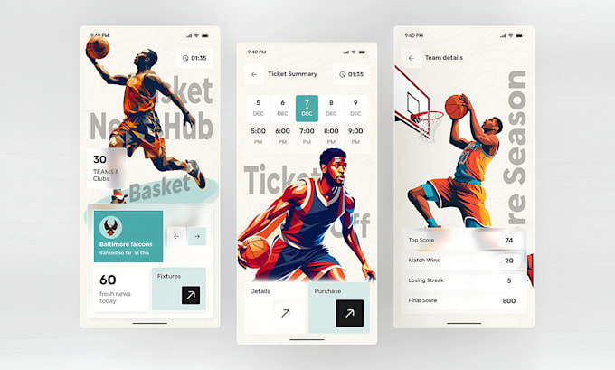 sports website mobile app ui ux design with custom illustrations