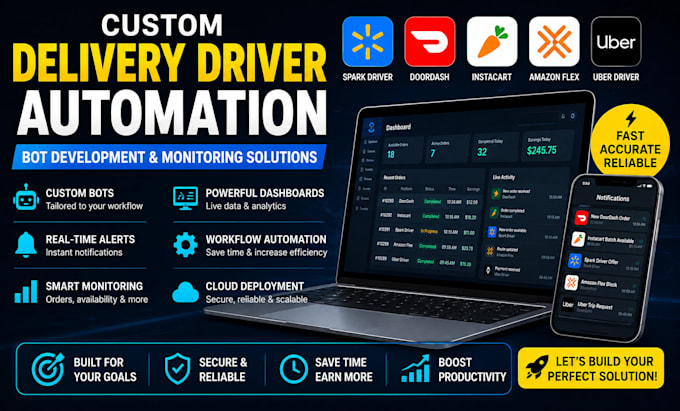 develop custom delivery driver automation bot software and order monitoring tool
