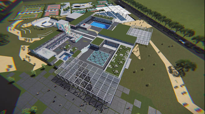 produce 3d modern recreational center from master plan for municipal development