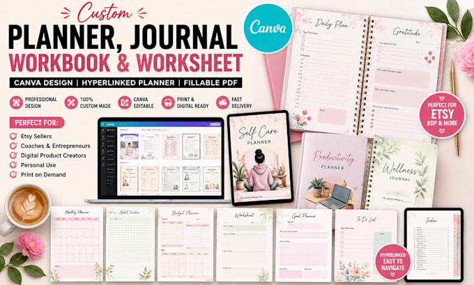 design printable and editable journal, planner, workbook, canva notebook design