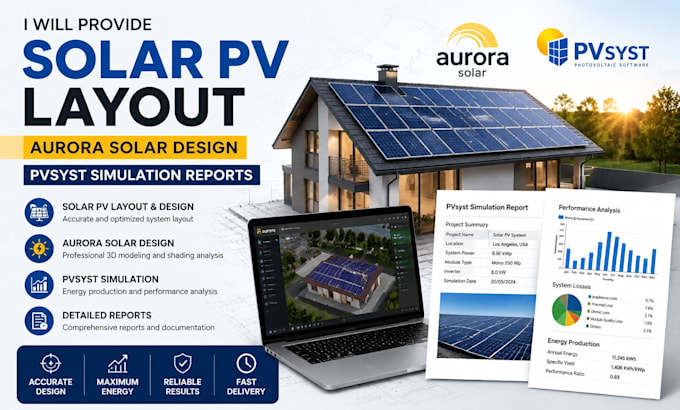 provide solar pv layout aurora solar design pvsyst simulation reports