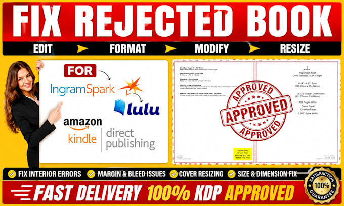 fix KDP book errors, rejected book formatting and fix, resize book cover errors