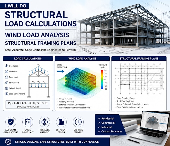 do structural load calculations wind load analysis structural framing plans