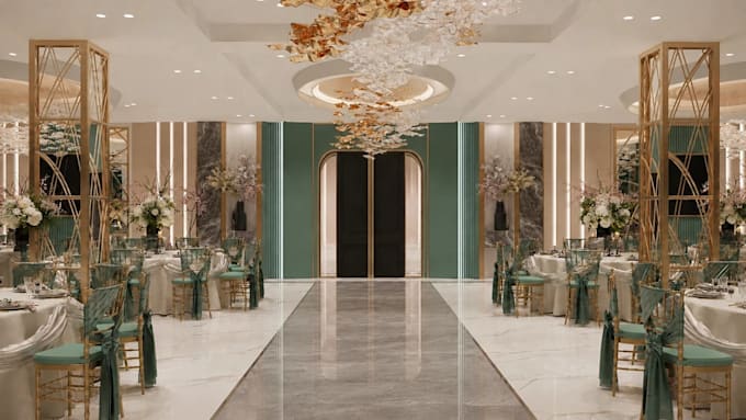 photorealistic wedding interior decor, event hall 3d rendering, commercial space