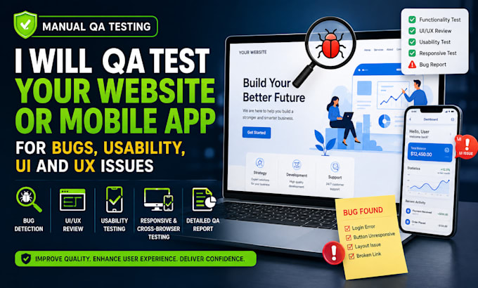 qa test your website or mobile app for bugs, usability, UI and UX issues