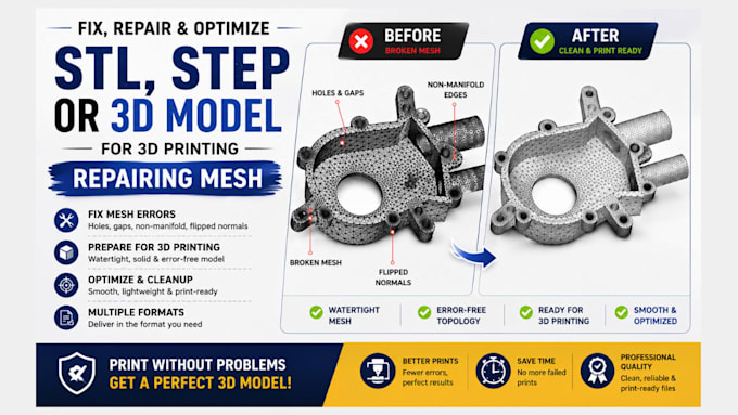 fix, repair, optimize stl, step, or 3d model for 3d printing and repairing mesh