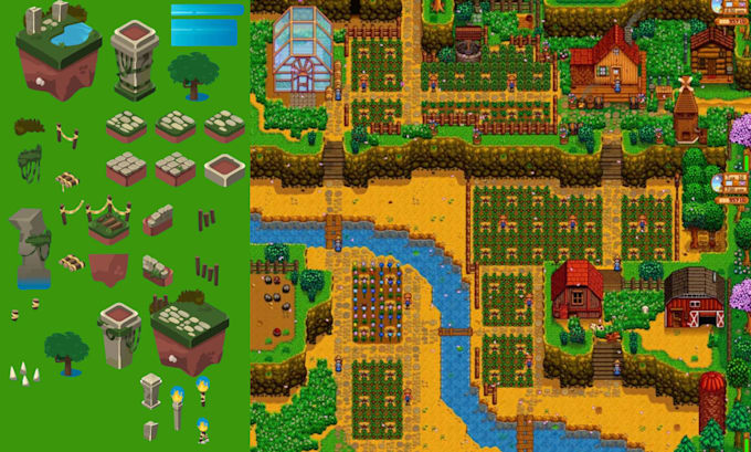 create pixel art tileset, rpg maker, tilemap, 2d background, pixel game assets