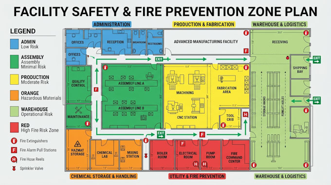 design emergency evacuation plan, fire escape map, fire safety and zone plan