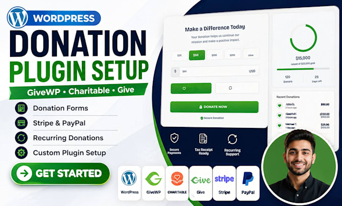 design wordpress donation website and setup givewp, charitable, donorbox plugins