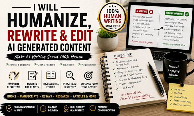 humanize, rewrite and edit ai generated books, essays, research and content