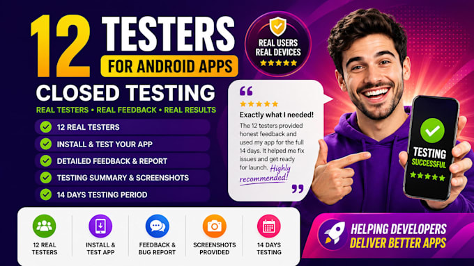 provide 12 testers for google play closed testing and android app testing
