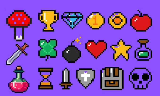 create custom pixel art game icons, UI assets, items and hud elements