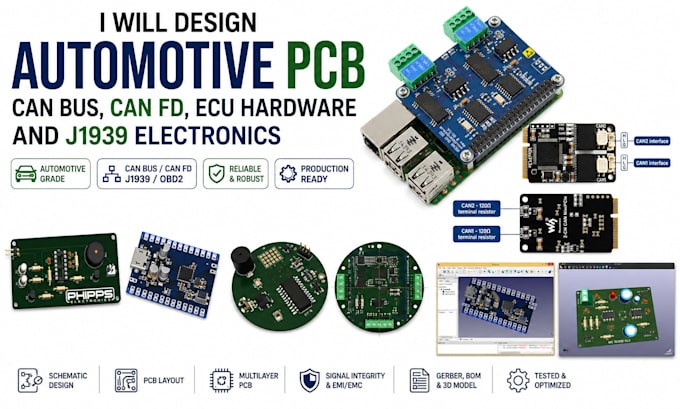 design automotive pcb can bus can fd, ecu hardware and j1939 electronics