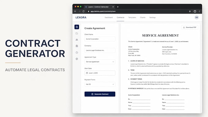 build legal contract generator template automation website and document workflow