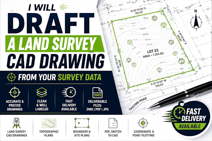 draft a land survey cad drawing from your survey data