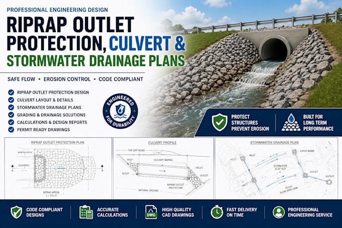 design riprap outlet protection, culvert, stormwater drainage plans