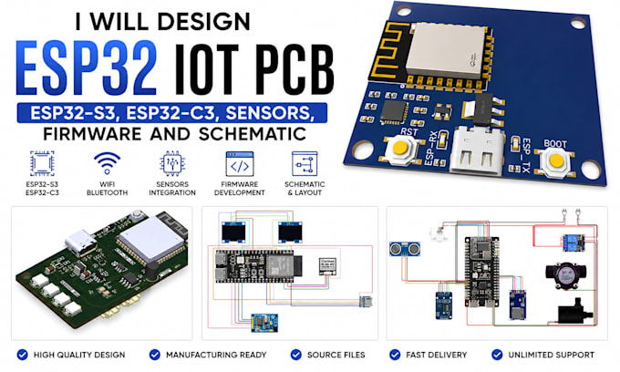 design esp32 iot pcb, esp32 s3, esp32 c3, sensors firmware and schematic