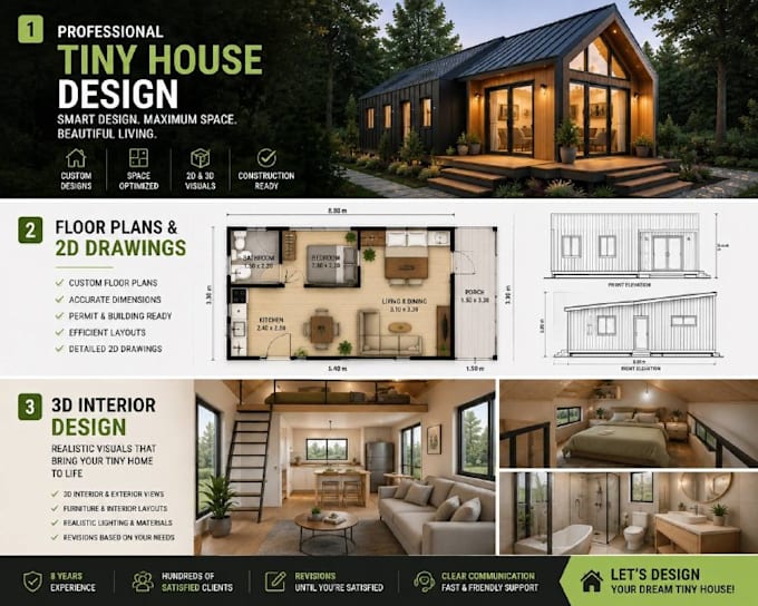 design a tiny house,floor plan, 3d tiny home model