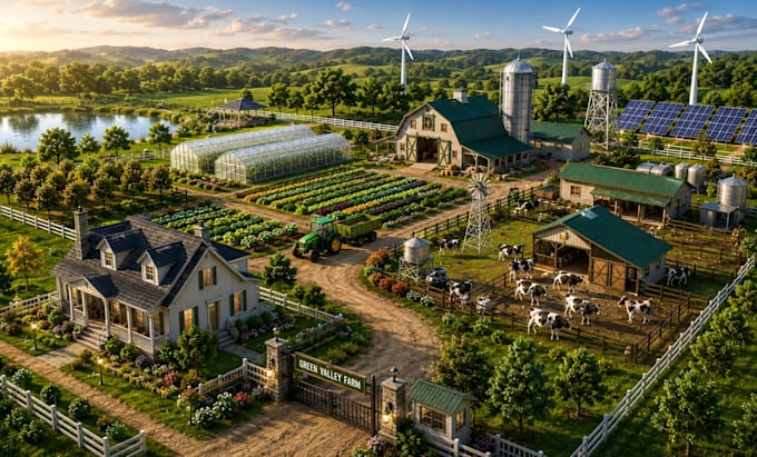 create a 3d farm and agricultural landscape visualization