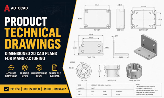 design product technical drawings, dimensioned 2d cad plans using autocad