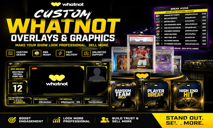 design custom whatnot overlays, scoreboards and card break graphics