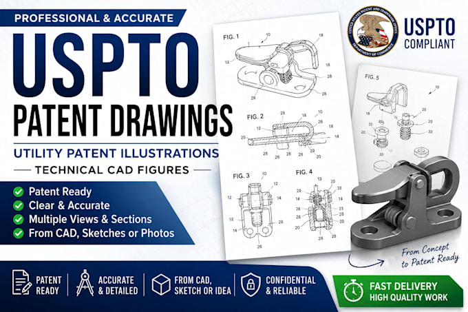create patent drawings, utility patent illustrations and technical cad figures