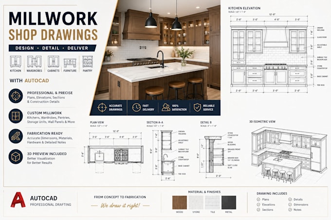 kitchen, wardrobe, furniture and millwork drawings