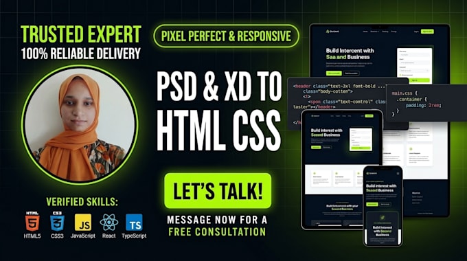 convert psd or xd to html css website