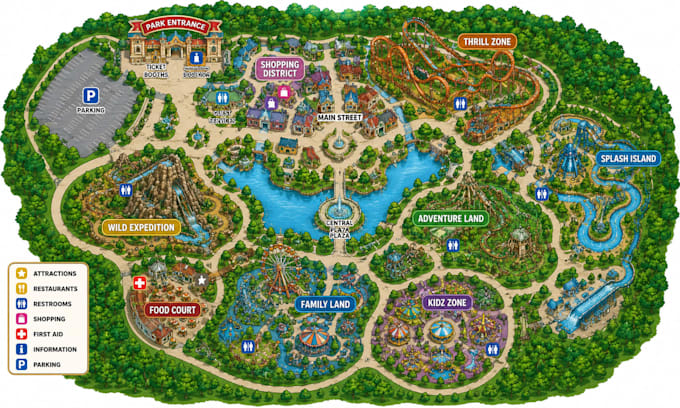 create illustrated theme park map, amusement park map and visitor guides
