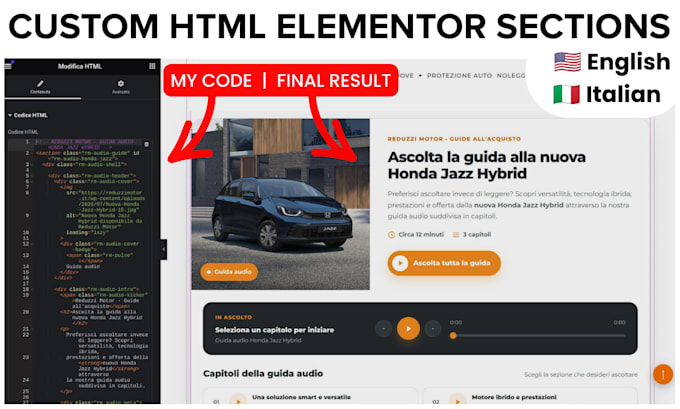 create custom HTML elementor sections in english or italian