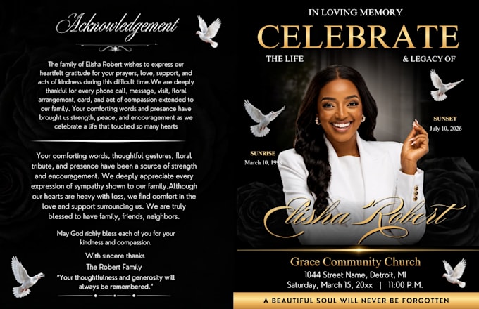 design funeral program, memorial flyer and obituary