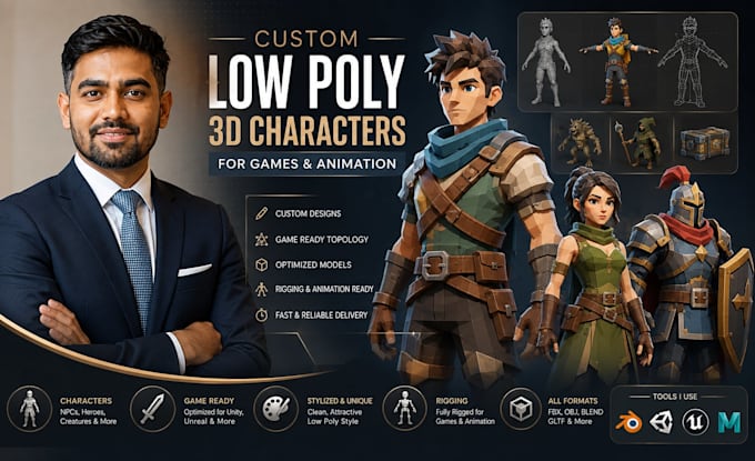 create custom low poly 3d characters for games and animation