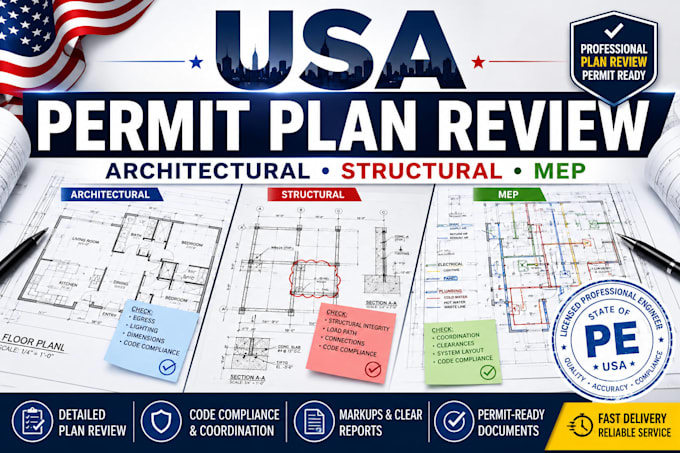 review and stamp USA architectural, structural and mep permit plans