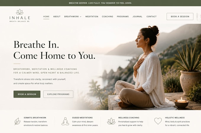 design squarespace breathwork website meditation wellness coaching website
