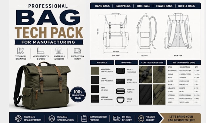 design bag tech pack,  handbag, backpack and technical drawing for manufacturing
