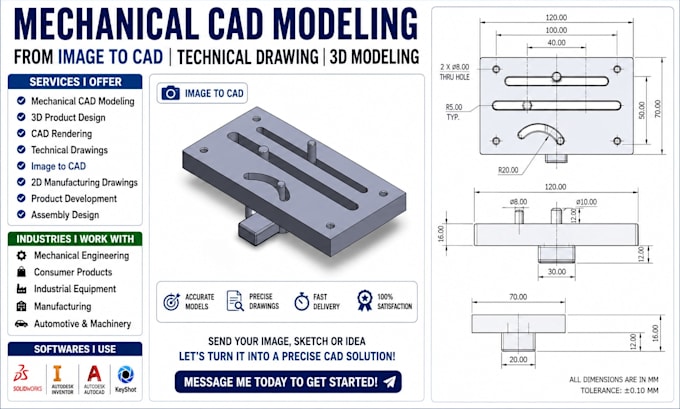 do mechanical cad modeling and rendering manufacturing drawing, image to cad